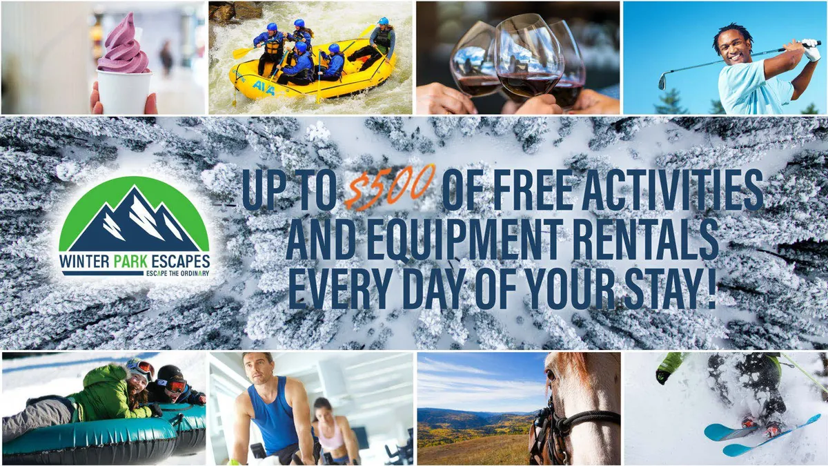 An energetic montage with people rafting, skiing, horseback riding, golfing, and enjoying ice cream, alongside the Winter Park Escapes logo and a $500 offer. The activities span seasons, creating a sense of vibrant, all-encompassing fun.