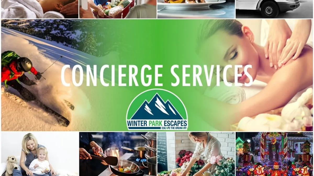 A vibrant collage of activity: a skier descending pristine slopes, a spa treatment in progress, a family gathered for cooking, gourmet meal preparation, and a vehicle ready for transportation. The image blends adventure, relaxation, and family bonding.