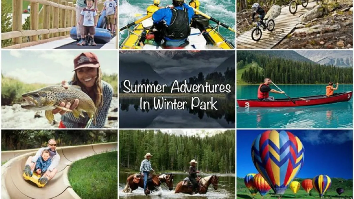 A vibrant summer scene featuring a family enjoying various outdoor activities: kayaking through rapids, biking along nature trails, fishing, horseback riding, and soaring in a hot air balloon. The image is alive with color and energy, emphasizing the spirit of adventure and exploration.