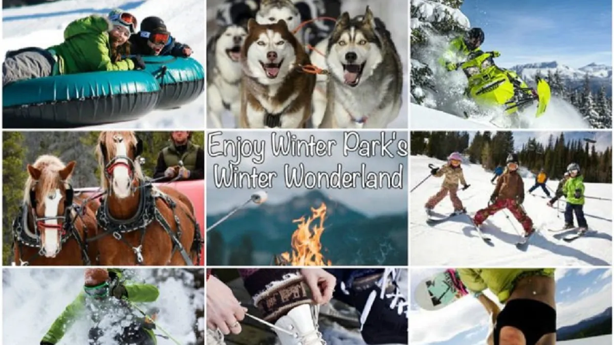 This dynamic exterior image showcases a winter wonderland filled with action: people snow tubing, Huskies ready for dog sledding, snowmobiling, horse-drawn sleigh rides, skiing, snowboarding, a cozy campfire, and ice skating. All activities are set against a snowy backdrop that radiates fun and adventure for all ages.
